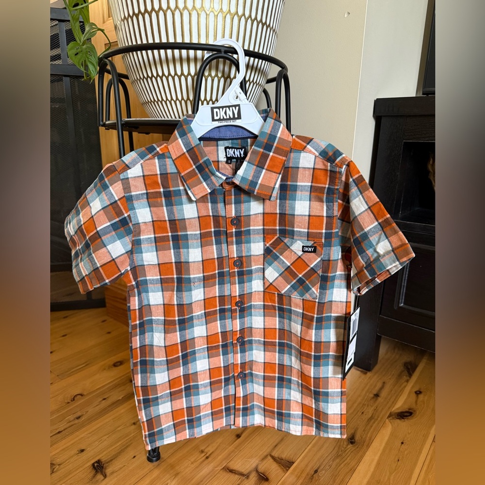 DKNY Boys' Orange & Teal Plaid Short-Sleeve Shirt NWT